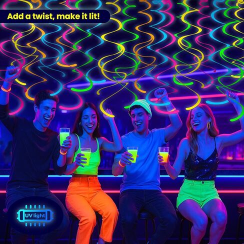 HonuGoGo 48ct Fluorescent Neon Hanging Swirl Decorations, 5-Color Paper Swirls Glow in Blacklight, Ceiling and Wall Decorations for Birthday, Festival, School Dance, and Glow-in-the-Dark Celebrations in Saudi Arabia