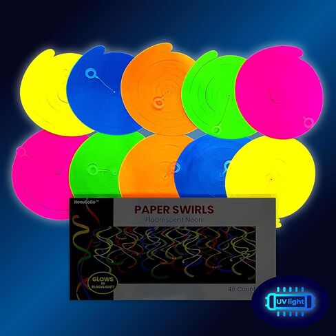 HonuGoGo 48ct Fluorescent Neon Hanging Swirl Decorations, 5-Color Paper Swirls Glow in Blacklight, Ceiling and Wall Decorations for Birthday, Festival, School Dance, and Glow-in-the-Dark Celebrations in Saudi Arabia