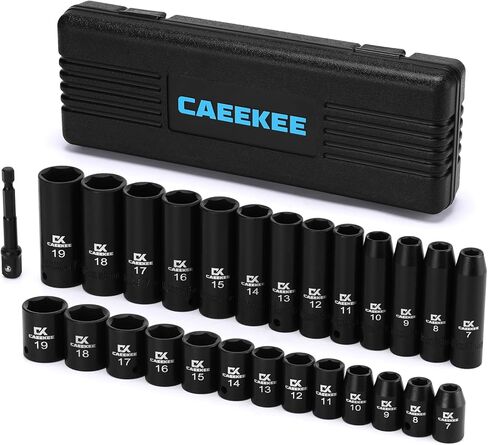 27PCS 3/8" Drive Metric Impact Socket Set,Deep and Shallow, 7mm to 19mm, 6-Point, Cr-V Steel, Includes Drill Socket Adapter in Saudi Arabia