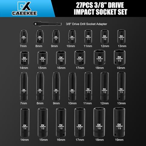 27PCS 3/8" Drive Metric Impact Socket Set,Deep and Shallow, 7mm to 19mm, 6-Point, Cr-V Steel, Includes Drill Socket Adapter in Saudi Arabia