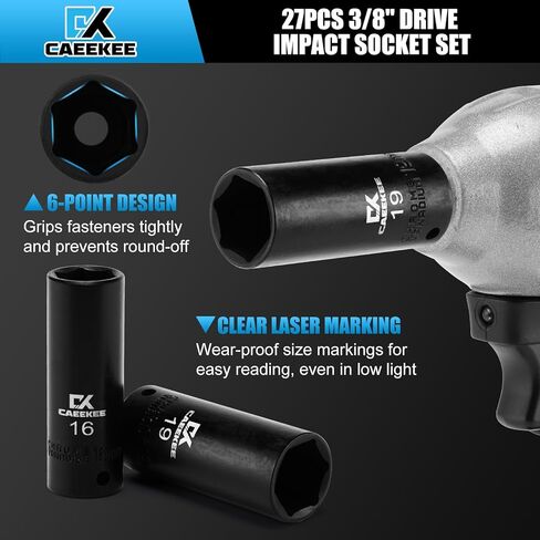27PCS 3/8" Drive Metric Impact Socket Set,Deep and Shallow, 7mm to 19mm, 6-Point, Cr-V Steel, Includes Drill Socket Adapter in Saudi Arabia