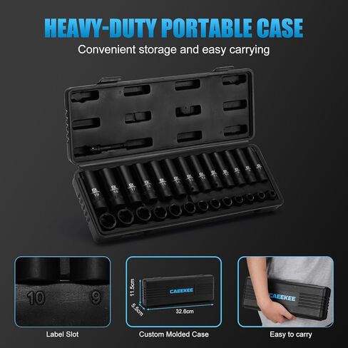 27PCS 3/8" Drive Metric Impact Socket Set,Deep and Shallow, 7mm to 19mm, 6-Point, Cr-V Steel, Includes Drill Socket Adapter in Saudi Arabia