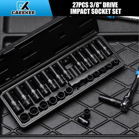 27PCS 3/8" Drive Metric Impact Socket Set,Deep and Shallow, 7mm to 19mm, 6-Point, Cr-V Steel, Includes Drill Socket Adapter in Saudi Arabia