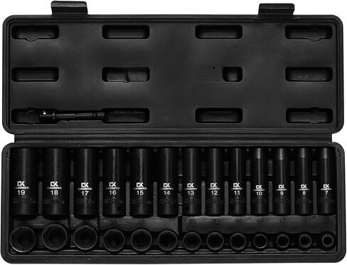 27PCS 3/8" Drive Metric Impact Socket Set,Deep and Shallow, 7mm to 19mm, 6-Point, Cr-V Steel, Includes Drill Socket Adapter in Saudi Arabia