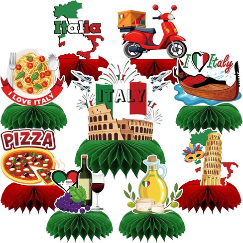 9Pcs Italy Themed Honeycomb Centerpieces, Italian Party Decorations Table Toppers with Pizza Pasta Italy Flag for Italian Night, Fiesta Party, Birthday Party Supplies in Kuwait