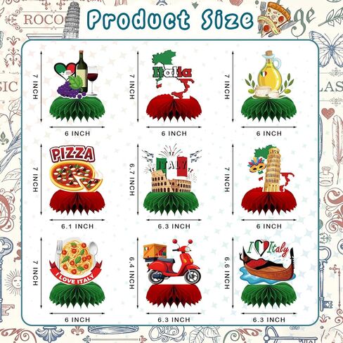 9Pcs Italy Themed Honeycomb Centerpieces, Italian Party Decorations Table Toppers with Pizza Pasta Italy Flag for Italian Night, Fiesta Party, Birthday Party Supplies in Kuwait