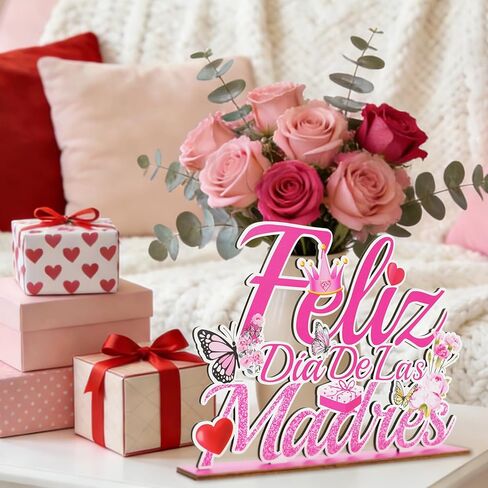 ديكورات Feliz Dia De Las Madres قطعة مركزية للطاولة الخشبية مقاس 11.81 × 8.26 بوصة ديكورات عيد الأم الإسبانية للحفلات وعيد الأم السعيد منضدية للمنزل رف المكتب لوازم الديكور in Kuwait