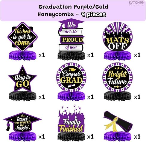 Graduation Decorations 2026 | Purple and Gold Graduation Centerpieces for Tables 2026 - Pack of 9 | Graduation Table centerpieces | Katchon in Kuwait
