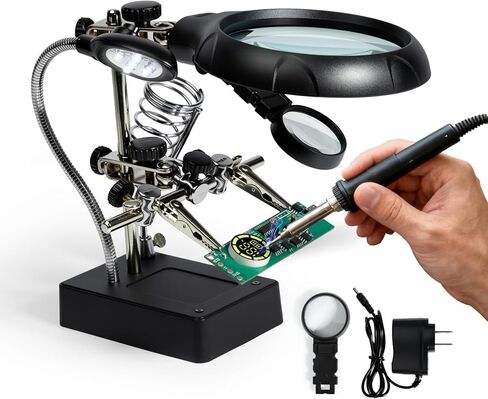 Helping Hands Soldering Station, 3.5X 12X Magnifying Glass LED Lighted Magnifier with Auxiliary Clips Alligator Clamp Repair Tools Kit for Soldering, Assembly, Miniatures in Saudi Arabia