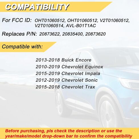 Vurkcy Key Fob Replacement for 2010-2019 Chevy Equinox/ 12-19 Sonic/ 15-19 Impala Trax/ 13-18 Buick Encore Car Keyless Entry Remote Control, OHT01060512, 4 Buttons in Kuwait