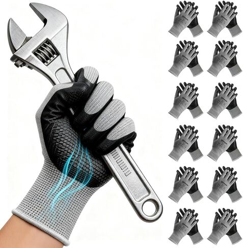 ANDANDA 12 Pairs Work Gloves, Smart Touch, 3D Comfort Stretch Fit, Nitrile Coated, Men Work Gloves with Grip, Seamless Knit Nylon, Suitable for Warehousing, Logistics, Handling, Black（L） in Kuwait