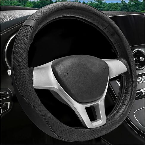 Car Steering Wheel Cover, 15 Inch Breathable Soft Leather Steering Wheel Protector, Sport Style Anti-Slip Steering Wheel Protective Cover for Cars Trucks Sedans Vans (Black) in Kuwait