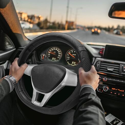 Car Steering Wheel Cover, 15 Inch Breathable Soft Leather Steering Wheel Protector, Sport Style Anti-Slip Steering Wheel Protective Cover for Cars Trucks Sedans Vans (Black) in Kuwait