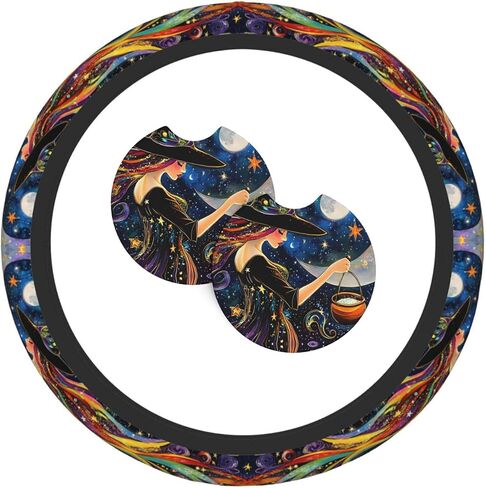 Moon and Dragon 3 Pcs Steering Wheel Cover Decoration Set with 2 Coasters, Universal Non-Slip and Comfortable car Interior Set– Fits 14.5-15 Inch Steering Wheels Cover for Cars, SUVs, and Trucks in Saudi Arabia