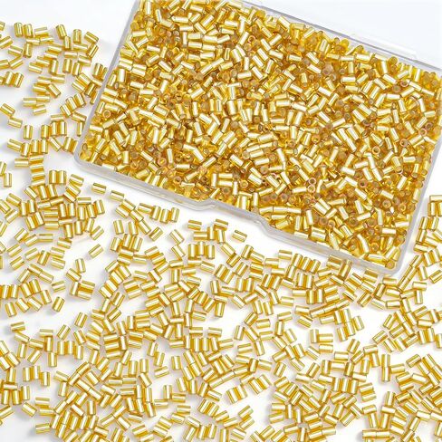 1400Pcs Glass Bugle Beads 2.2×4mm Large Hole 1.3mm Tube Beads for Jewelry Making, Uniform Long Spacer Beads for Embroidery, Bracelets, Necklaces & DIY Crafts with Storage Box(Gold) in Kuwait