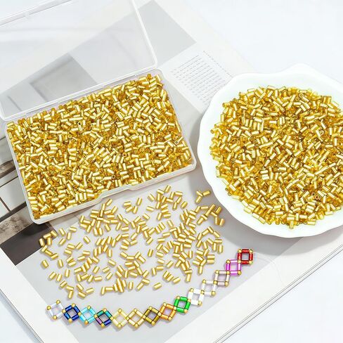 1400Pcs Glass Bugle Beads 2.2×4mm Large Hole 1.3mm Tube Beads for Jewelry Making, Uniform Long Spacer Beads for Embroidery, Bracelets, Necklaces & DIY Crafts with Storage Box(Gold) in Kuwait