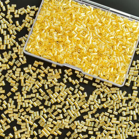 1400Pcs Glass Bugle Beads 2.2×4mm Large Hole 1.3mm Tube Beads for Jewelry Making, Uniform Long Spacer Beads for Embroidery, Bracelets, Necklaces & DIY Crafts with Storage Box(Gold) in Kuwait
