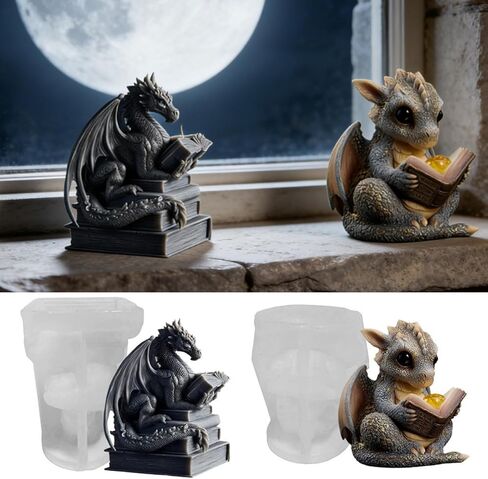 2 Pcs Book-Reading Dragon Candle Mold, Dinosaur Resin Casting Silicone Mold for Home Decor, Soap & Candle Making, 3D Animal Epoxy Resin Craft Molds, Gifts for Dinosaur Lovers in Saudi Arabia