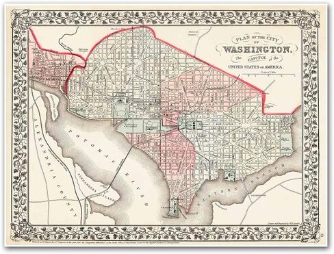 Antiguos Maps Plan of the City of Washington DC and Georgetown circa 1867 | Art Print Poster Vintage Wall Decor | 18 x 24 inches (457 x 610 mm) in Saudi Arabia