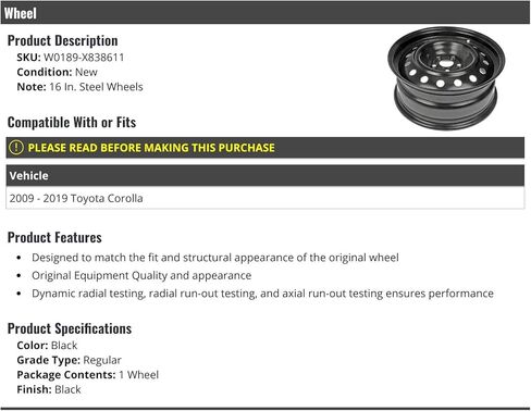 Steel Wheel - 16 Inch - Compatible with 2009-2019 Toyota Corolla in Kuwait