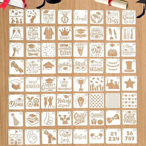 64 Pcs Graduation Stencils Graduation Stencils for Painting On Wood Grad Stencil for Crafts Reusable Plastic Drawing Stencil on Window Door Wall DIY Home Graduations Decorations in Saudi Arabia