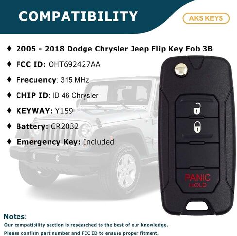 Replacement for 2005 - 2018 Dodge Chrysler Jeep Flip Key Fob 3 Buttons Lock, Unlock & Panic that Uses FCC OHT692427AA with Chip ID 46 Chrysler - 315 MHz in Saudi Arabia