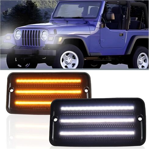 Smoked Front blinkers Kit for Jeep Wrangler TJ 1997-2006 | Switchback White DRL Daytime Running Lights & Amber Sequential Turn Signals | 2-Piece Replacement Front Bumper Indicator Lights in Saudi Arabia