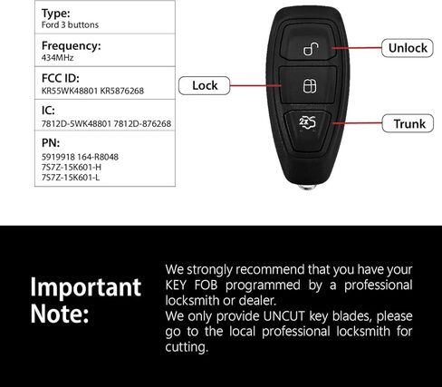 Car Key Fob Remote Keyless Entry Control KR55WK48801 434MHz 3 Button Replacement for 2011-2019 Ford Fiesta Focus Titanium C-Max - 2 Pack in Kuwait