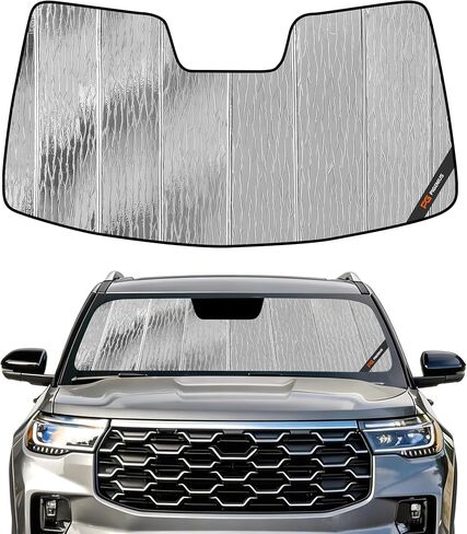 مظلة الشمس للزجاج الأمامي من Pigenius لسيارة Ford Explorer 2025-2026، فضي/أسود قابل للعكس، ضوء متدفق فضي سائل وحزام مرن قابل للطي - يتم تركيبه في ثوانٍ in Kuwait
