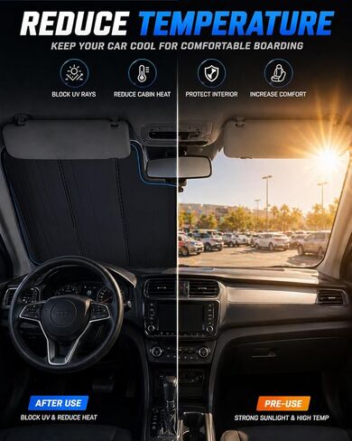 مظلة الشمس للزجاج الأمامي من Pigenius لسيارة Ford Explorer 2025-2026، فضي/أسود قابل للعكس، ضوء متدفق فضي سائل وحزام مرن قابل للطي - يتم تركيبه في ثوانٍ in Kuwait