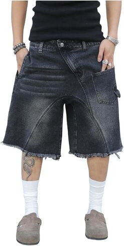شورت جينز فضفاض للرجال من SHENHE Y2k Jorts شورت واسع الساق متوتر بحاشية خام عتيقة من قماش برمودا من قماش الدنيم in Saudi Arabia