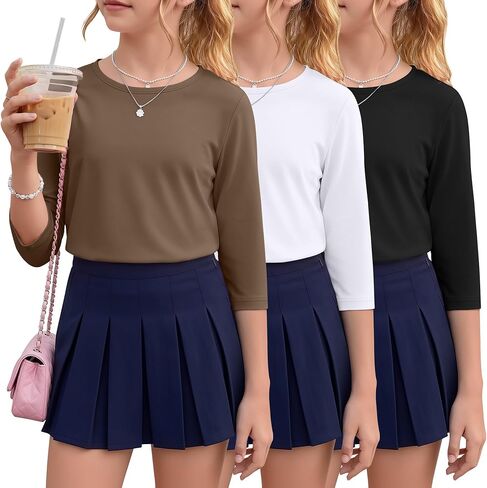 3 Pack Girls 3/4 Sleeve T Shirts Kids Crewneck Tops Casual Basic Spring and Summer Cute Fashion Tees 5-14Y in Saudi Arabia