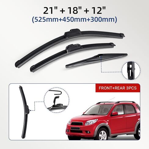 مجموعة من 3 شفرات ممسحة متوافقة مع Daihatsu Terios II (2006-2017) | الأمامية 21 بوصة+18 بوصة والخلفية 12 بوصة in Kuwait