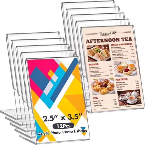 Ctosree 12 Pcs Acrylic Photo Frame L shape Slant Back Desktop Photo Frames Plastic Clear Sign Clear Acrylic Display Stand Table Top Sign for Home Office Wedding Restaurant Menu (2.5 x 3.5 Inch) in Kuwait