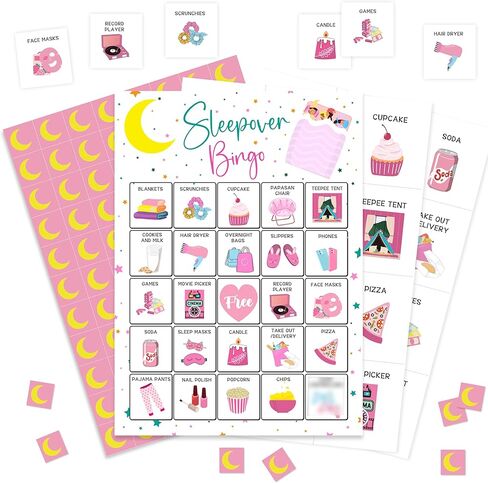 لعبة Sleepover Bingo، مجموعة بطاقات Slumber Party Bingo، مستلزمات حفلات البيجامة للبالغين، أنشطة أصدقاء العائلة والديكورات لـ 24 لاعبًا، 01 in Saudi Arabia