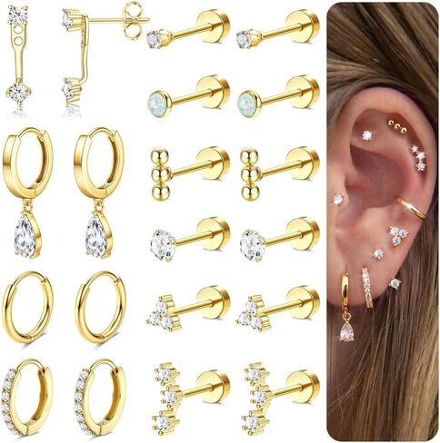 MILACOLATO Hypoallergenic Flat Back Earrings Gold Cartilage Earring Sets for Multiple Piercing 20G Surgical Stainless Steel Earrings for Women Trendy Earring Stacks Small Hoop Flatback Stud Earrings in Saudi Arabia