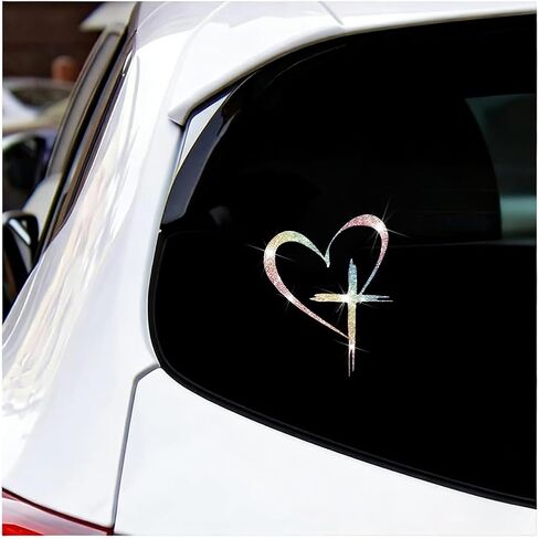 ملصق سيارة Zpana Bling Love Cross، ملصق ممتص الصدمات لنافذة السيارة المسيحية على شكل قلب لامع، ديكورات خارجية للسيارات الدينية الإبداعية بالحب الإيمان، عالمية لشاحنة SUV Van (وردي) in Kuwait