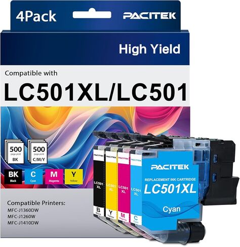 LC501XL LC501 Ink Cartridges for Brother Printer Work Smart MFC-J1360DW MFC-J1260W MFC-J1260DW MFC-J1410DW MFCJ1360DW MFCJ1260W MFCJ1260DW MFCJ1410DW 1360 1260 1410 (4 Pack) in Kuwait
