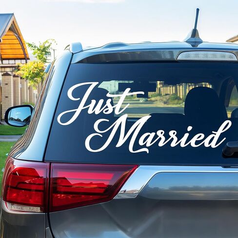 ملصقات الفينيل لملصقات السيارات من Timtin Just Married لتزيين سيارات الزفاف وشارات قابلة للإزالة لتزيين باب النافذة لمستلزمات حفلات الذكرى السنوية للزفاف (15.5x7 بوصة، 27.3x7.2 بوصة، Losttimoh، أبيض) in Kuwait