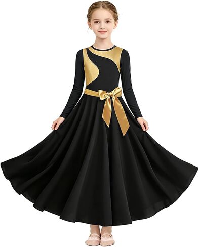 Girl's Worship Praise Dance Dress Gold Metallic Long Swing Liturgical Church Robe Lyrical Dancewear, with Belt in Saudi Arabia