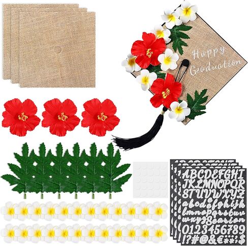 Rivvlive 41 Pcs Tropical Hawaiian Graduation Cap Decoration Set, Faux Plumeria Hibiscu Flower Leave Cardstock Glitter Alphabet Letter Sticker for Grad Hat Topper Cover Craft Gift Accessory DIY Kit in Saudi Arabia