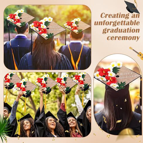 Rivvlive 41 Pcs Tropical Hawaiian Graduation Cap Decoration Set, Faux Plumeria Hibiscu Flower Leave Cardstock Glitter Alphabet Letter Sticker for Grad Hat Topper Cover Craft Gift Accessory DIY Kit in Saudi Arabia