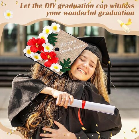 Rivvlive 41 Pcs Tropical Hawaiian Graduation Cap Decoration Set, Faux Plumeria Hibiscu Flower Leave Cardstock Glitter Alphabet Letter Sticker for Grad Hat Topper Cover Craft Gift Accessory DIY Kit in Saudi Arabia