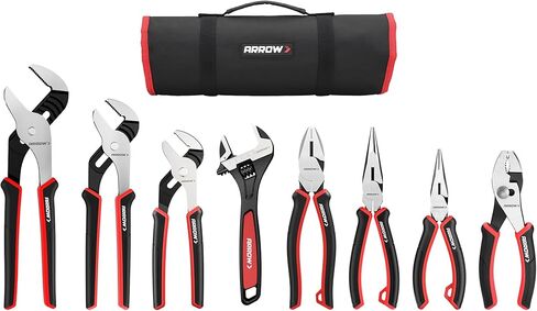 ARROW 8-Piece Pliers and Wrench Set, 12"/10"/8" Groove Joint Pliers, 8" & 6" Long Needle Nose, 8" Linesman, 6" Slip Joint, 8" Adjustable Wrench, Dual-Color TPR Handles, Roll-Up Pouch Included in Kuwait