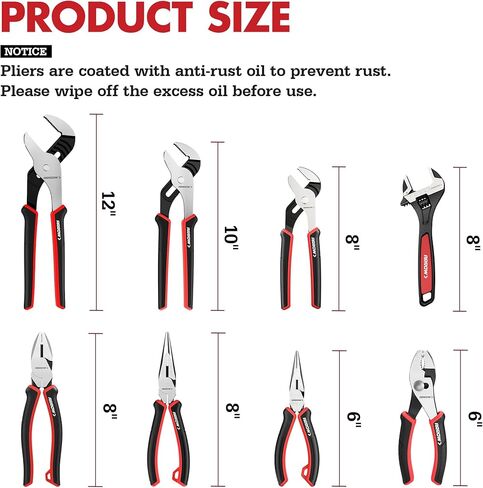 ARROW 8-Piece Pliers and Wrench Set, 12"/10"/8" Groove Joint Pliers, 8" & 6" Long Needle Nose, 8" Linesman, 6" Slip Joint, 8" Adjustable Wrench, Dual-Color TPR Handles, Roll-Up Pouch Included in Kuwait