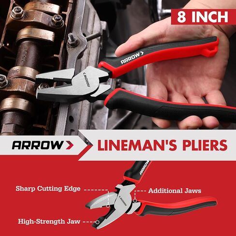 ARROW 8-Piece Pliers and Wrench Set, 12"/10"/8" Groove Joint Pliers, 8" & 6" Long Needle Nose, 8" Linesman, 6" Slip Joint, 8" Adjustable Wrench, Dual-Color TPR Handles, Roll-Up Pouch Included in Kuwait