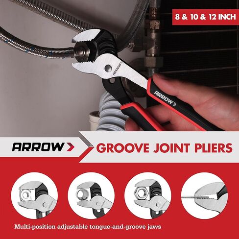 ARROW 8-Piece Pliers and Wrench Set, 12"/10"/8" Groove Joint Pliers, 8" & 6" Long Needle Nose, 8" Linesman, 6" Slip Joint, 8" Adjustable Wrench, Dual-Color TPR Handles, Roll-Up Pouch Included in Kuwait