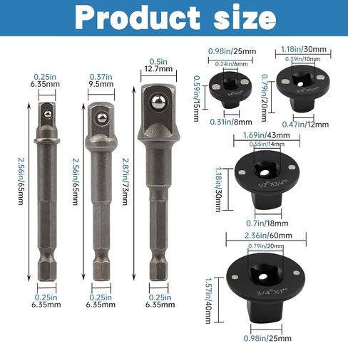 7Pcs Low Profile Impact Adapter Set, Ultra Slim Socket Adapter with Drive Size Converter 1/4" 3/8" 1/2" 3/4" to 1", Magnetic Impact Driver Bits for Tight Spaces, Carbon Steel, Black in Saudi Arabia