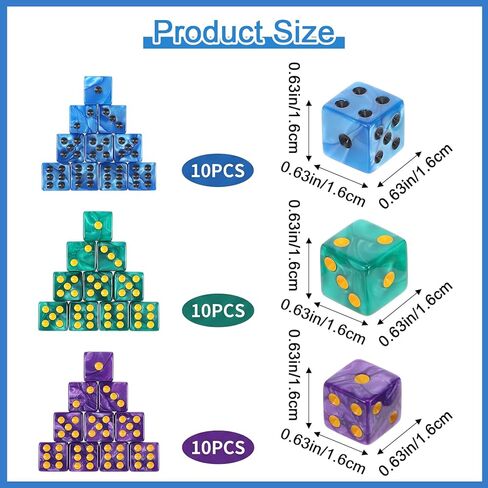 30 PCS Dice Set 16mm Acrylic Dice with Gold Pips Square Edge Standard Dices Multicolor Six Sided Dices Green Purple Blue 16mmDices for Aldult Party Supplies Entertainment Travel in Kuwait