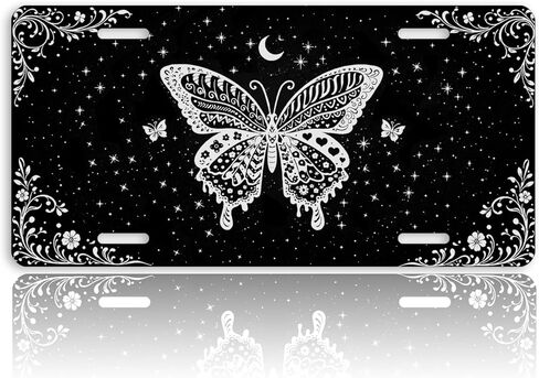 Butterfly Front License Plate for Women Gothic Black White Celestial Moon Stars Car Vanity Plates Decorative Aluminum Metal Cute Novelty License Plate for Men 6x12 Inch (4 Holes) in Saudi Arabia